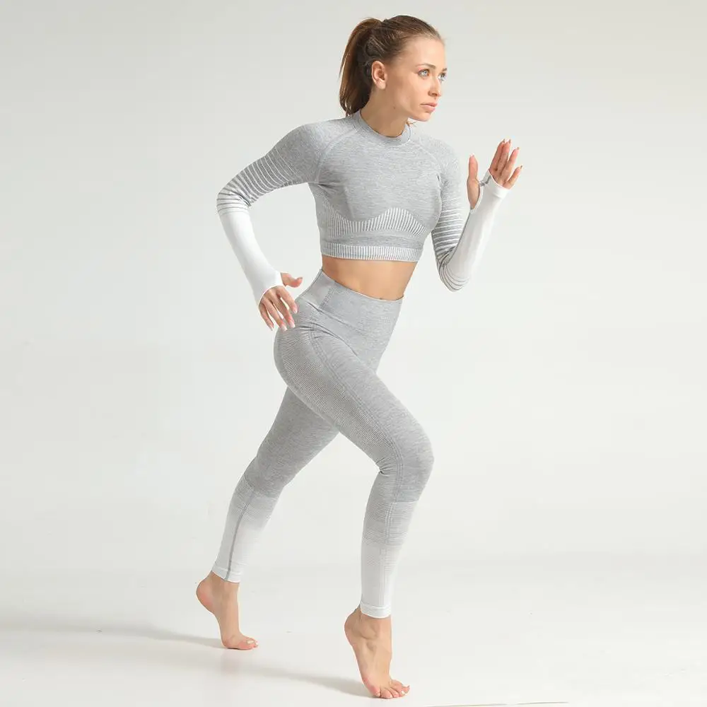 

2PCS Ombre Seamless Sport Suit Women Long Sleeve Crop Tops High Waist Tummy Control Sport Leggings Fitness Yoga Set Gym Clothing