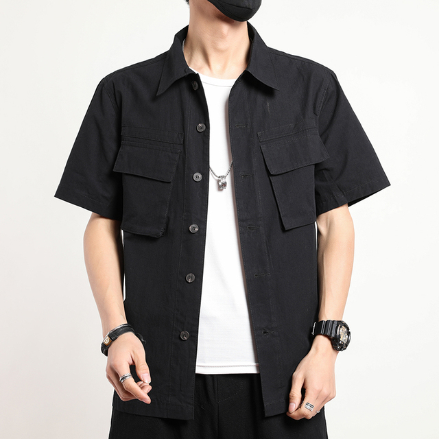 Summer Casual Shirt Men Short Sleeve Cotton Cargo Solid Mens Shirts