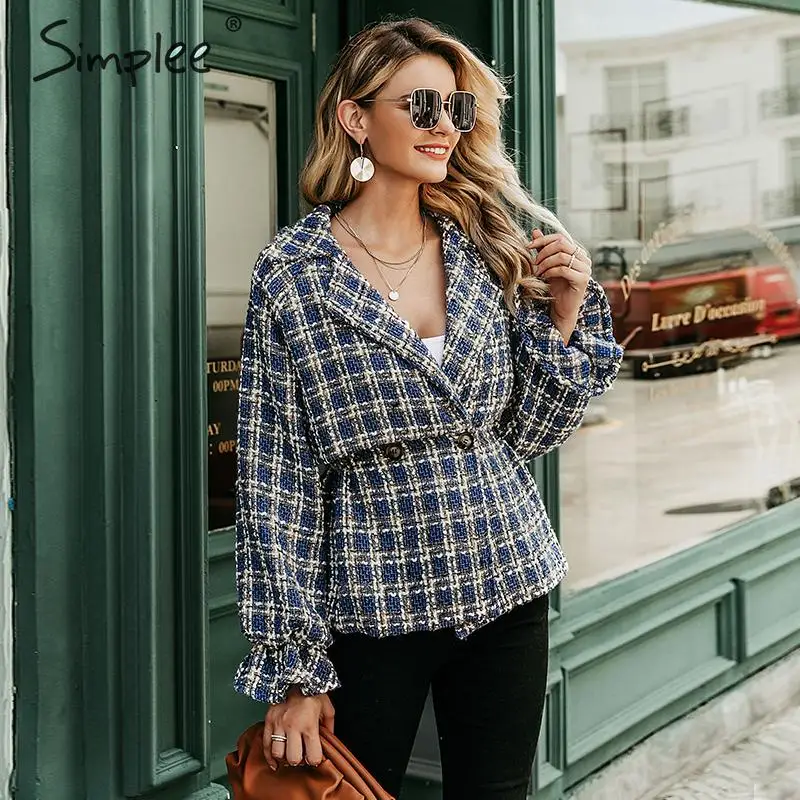 low cost  Simplee Elegant women plaid tweed jacket coat Lantern sleeve streetwear female outwear coat Elastic