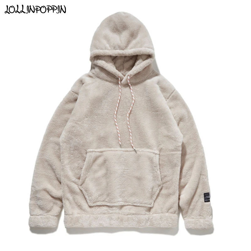 Sudadera con capucha de Sherpa para mujer, ropa calle de gran tamaño, con bolsillo de canguro, estilo Hip Hop, informal y cálida, color Beige|Sudaderas con capucha y AliExpress