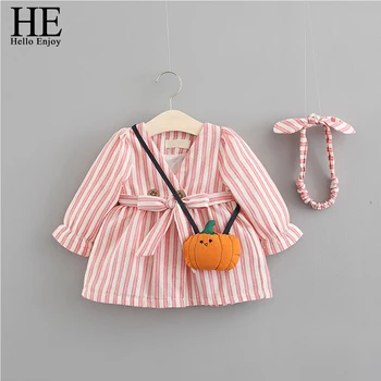 

HE Hello Enjoy Girl Autumn Dress Kids Dresses Sweet Pink Stripes + Hair Band + Shoulder Bag 3pcs Casual Style vestido Toddler