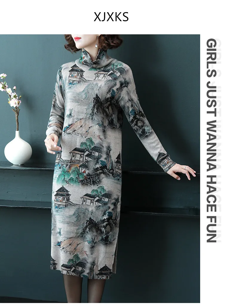 XJXKS High-end digital printing women knitted dress autumn winter new wool long sweater women turtleneck pullover