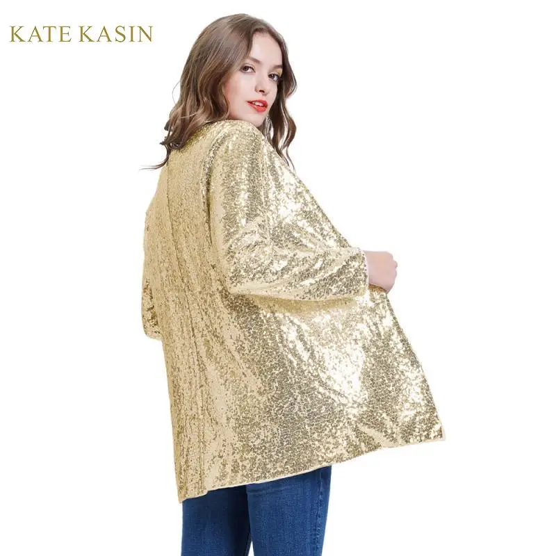 Kate Kasin, Женское пальто с блестками, куртка, потрясающая, открытая спереди, длинный рукав, кардиган, верхняя одежда, модная, с блестками, уличная одежда, KC000075