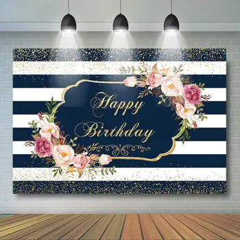 

Floral Birthday Backdrop White Blue Stripes Birthday Photography Background Happy Birthday Party Decoration Backdrops