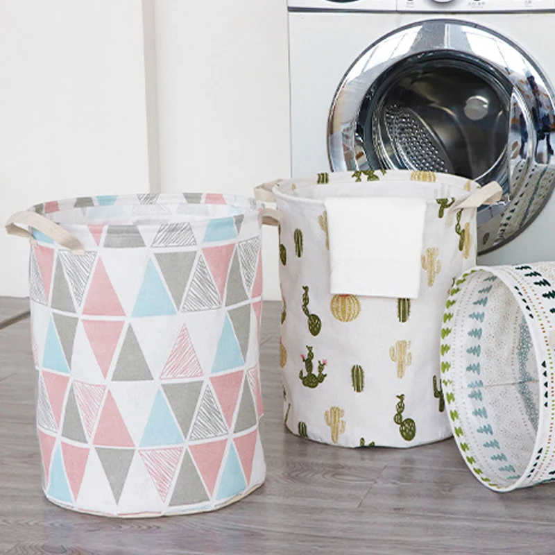 Round Dirty Clothes Baskets Toys Folding Bucket Bags Cotton Linen