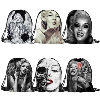 

2018 Women New Fashion Monroe Tattooed skull images drawstring Backpack travel softback mochila 3D printed string bag