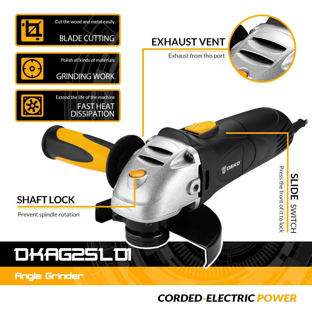 DEKO DKAG25LD1/DKAG25LD2 Electric Angle Grinder Grinding Machine Variable Speed Wood/Metal Cutting Tool