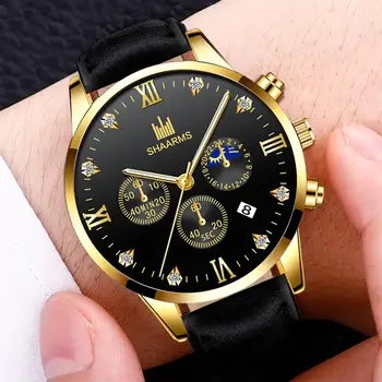 

Men's Luxury Watch Rhinestone Dial Leather Strap Wrist Watch Fashion Casual Quartz Calendar Watches Relogio Masculino Gift Clock