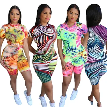 

Summer Women Casual Yoga Running Floral Print T-shirt Crop Tops +Shorts Sport Tie-dyed Outwear Outfits Fashion Clothes Sets