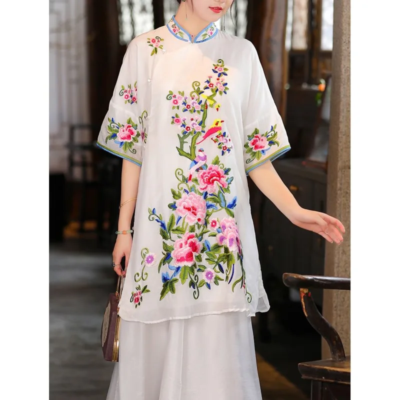

White Embroidery Cheongsam Tops Women Chinese Style Mid-length Femme Blouse Ethnic Eleganti Vintage Shirt Tang Suit Female