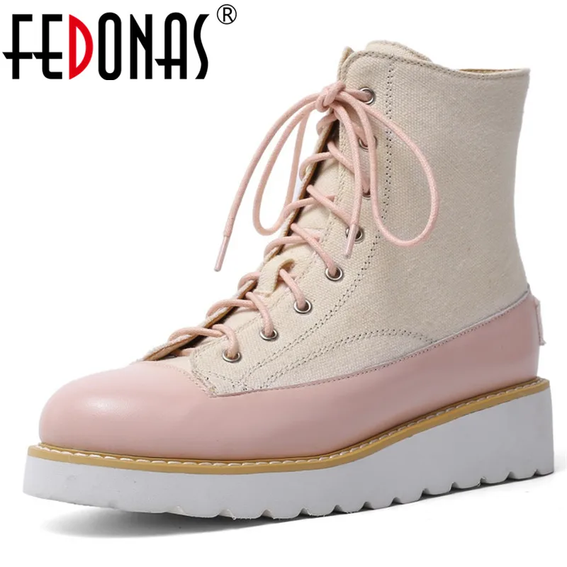 

FEDONAS Sweet Patchwork Genuine Leather Canvas Women Ankle Boots Fashion Platform Boots Short Boots Party Dancing Shoes Woman