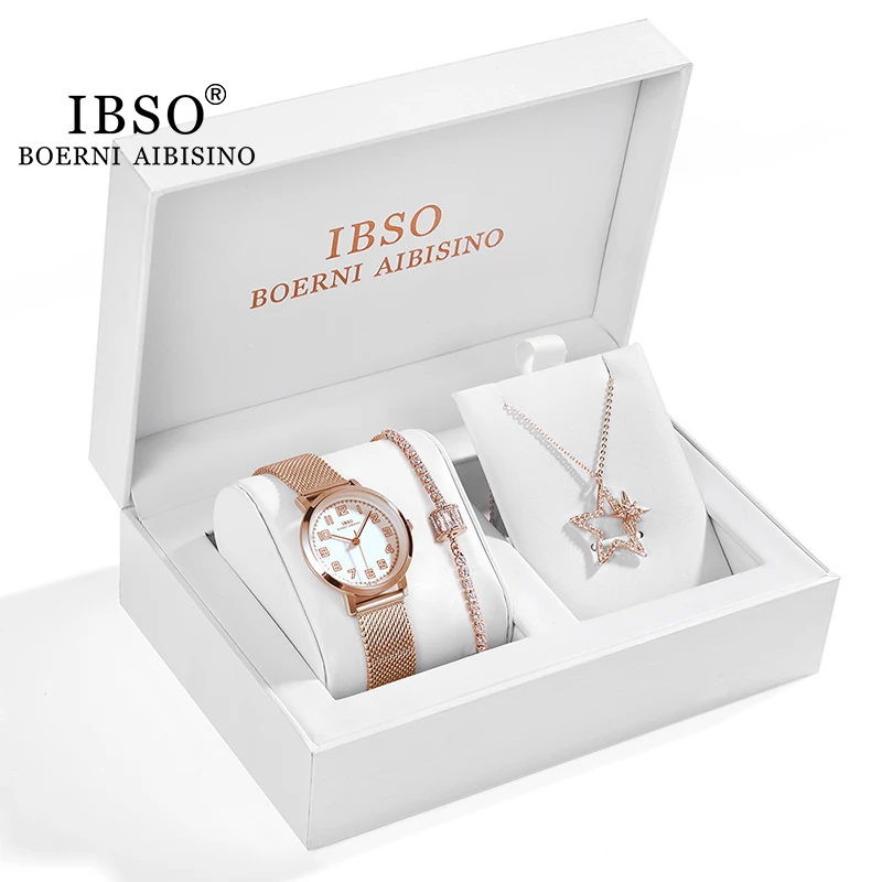 

IBSO Women Watch Gift Set Crystal Design Bracelet Necklace Quartz Watch Sets Female Jewelry Set Fashion Rose Gold Set Watch