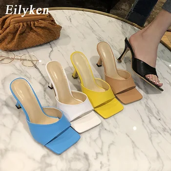 

Eikyken Classic Vintage Square Toe Women Slippers Summer High Quality PU Leather Sandals Thin High Heels Shoes Mules Femme