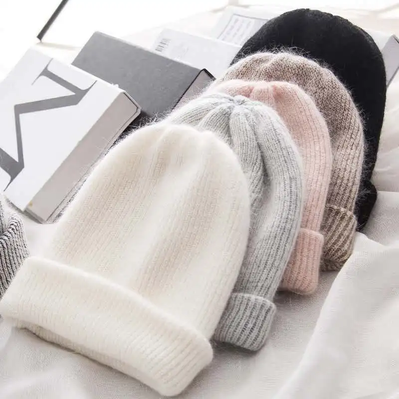 

Women knitted Winter Hat female Warm Rabbit fur beanie Girls Solid Bonnet women Skullies beanies Soft Hats wool beanies