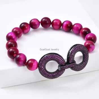 

GG Jewelry 8'' Fuchsia Round 10mm Tiger Eye Bracelet cz pave Clasp