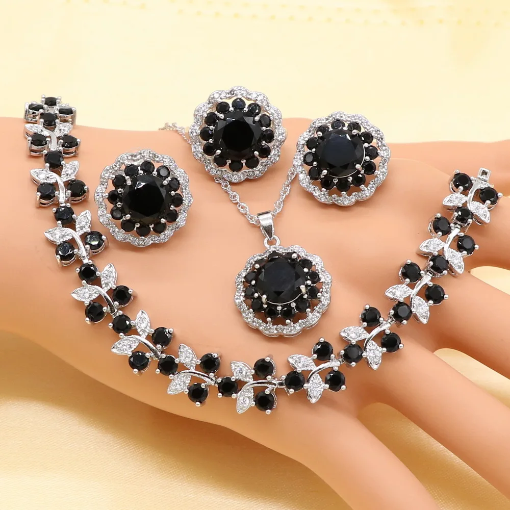 XUTAAYI New Round Black Stones Silver Jewelry Sets For Women Stud Earrings Bracelet Rings Necklace Pendant Free Gift Box | Украшения и