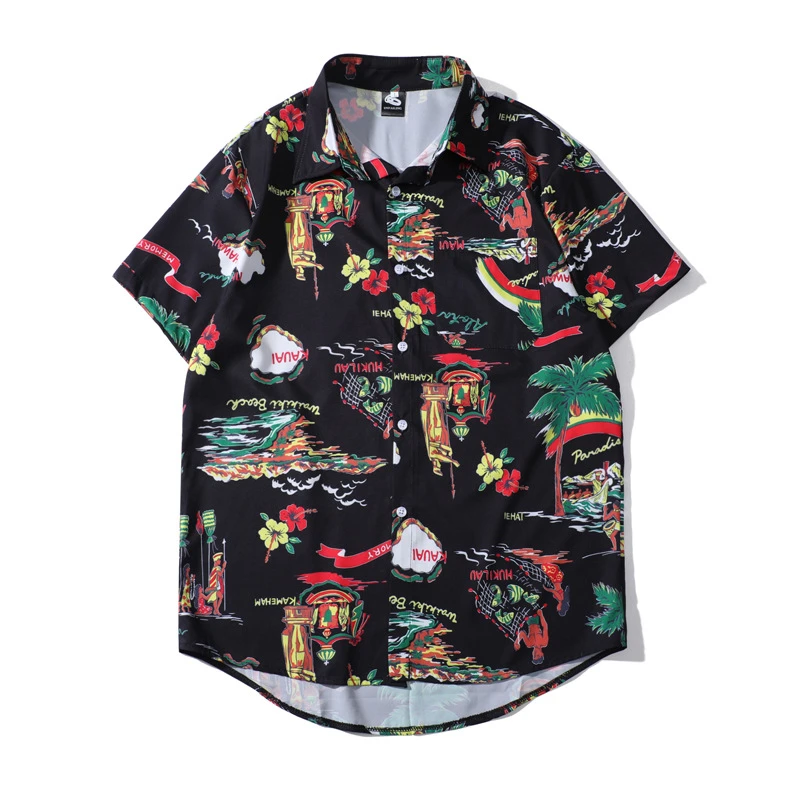 

Black Color Hawaiian Island Floral Aloha Shirt for Men Summer Holiday Palm Tree Floral Short Sleeve Hawaiian Shirt Plus Size