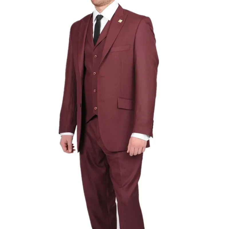 

The groom High Quality Burgundy Mens Custom Made Suits 3 Piece with Waistcoat Tuxedos Personalized Groom Suits Jacket+Pant+Vest