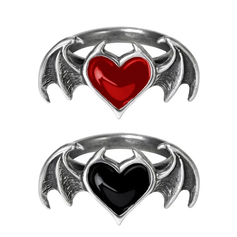 Tanio Gothic Soul Ring czarne czerwone serce Demon Wing Ring