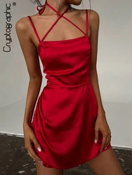 Cryptographic Vestido corto de verano con tirantes finos, minivestido Sexy con cuello Halter, Espalda descubierta, para mujer