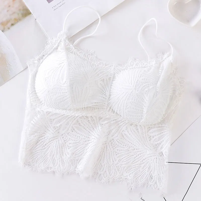 2021 Female Summer Crop Tank Top Women Fashion Deep V Lace Bras Embroidery Floral Tank Top Bra Wrapped Chest Camisole Padded Bra camisole bra Tanks & Camis