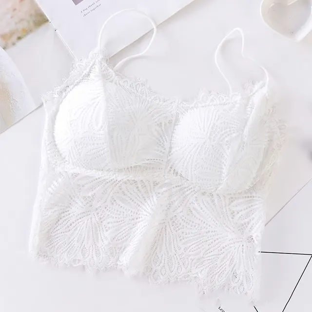 2021 Female Summer Crop Tank Top Women Fashion Deep V Lace Bras Embroidery Floral Tank Top Bra Wrapped Chest Camisole Padded Bra white 1