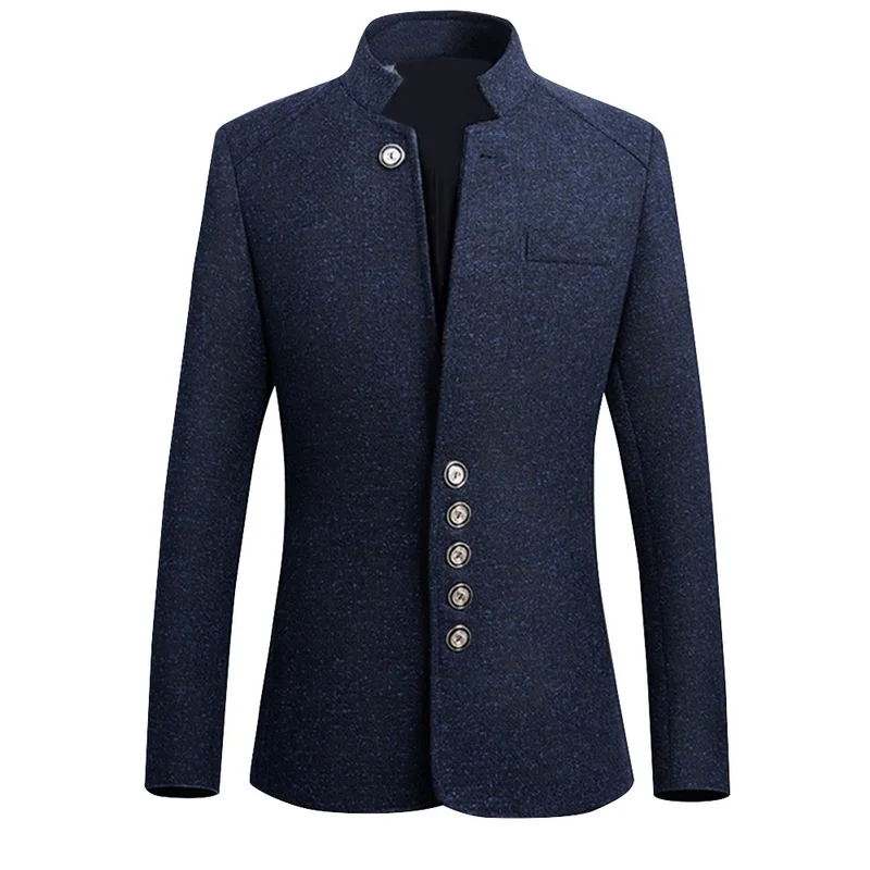 CYSINCOS брендовый Мужской винтажный Блейзер, пальто в китайском стиле, деловые пиджаки, Повседневные Мужские приталенные пиджаки со стоячим воротником - Цвет: Navy