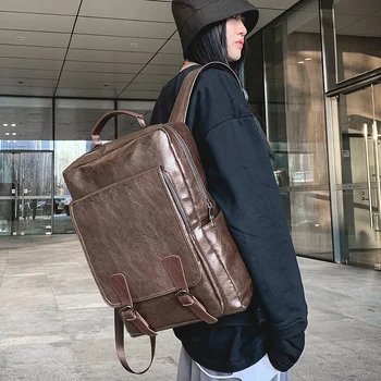 

Shoulder Bag Backpacks Schoolbag Vintage Travel Leather Pu Black Female Men Male Soft Handle Computer