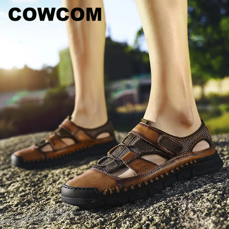 COWCOM/; мужские и женские кожаные сандалии; Повседневная обувь; сезон весна; модная повседневная обувь; Мужские дышащие сандалии; Мужская обувь; CLK