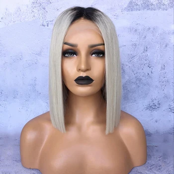 

Hand Tied Natural Bob Ombre Black To Silver Heat Resistant Fiber Hair Synthetic Lace Front wigs for Make up Cosplay Daily Wear