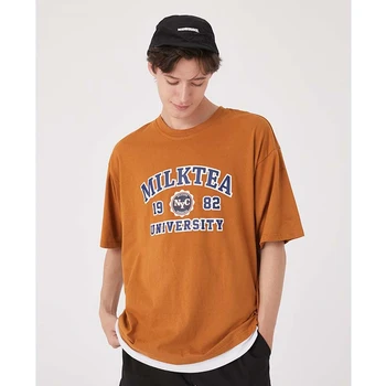 

2020 Spring Summer Fake Two Piece Milktea Printed T Shirt for Men and Women Unisex Casual Loose Short Sleeve Tshirt Plus Size