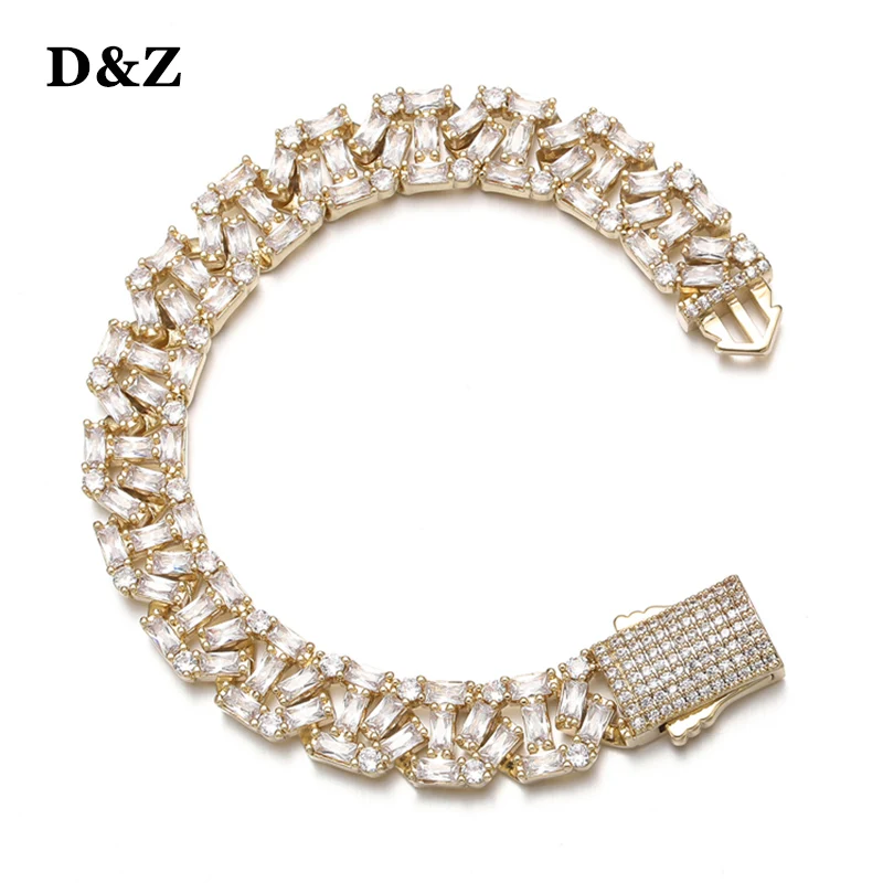 

D&Z 13mm Heavy Baguette Cuban Link Bracelet Spring Buckle Iced Out Cubic Zircon Stones With Solid Back For Men Hip Hop Jewelry