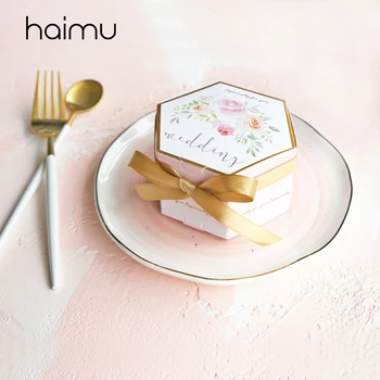 

10pcs Rose Printing pink ribbon Hexagonal Packaging Gift Box Wedding Favor Valentine's Day Gifts Candy Boxes Party Supplies