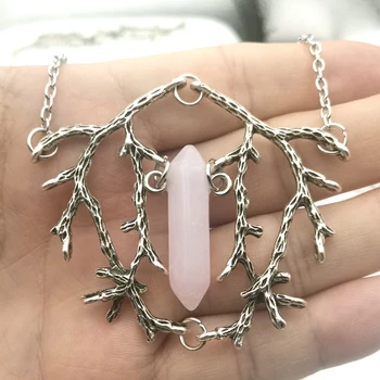 

Branch and Crystal Tip Necklace, Halo Quartz Pendant, Twig Jewelry, Witch Amulet Gift, Woodland Amulet Necklace