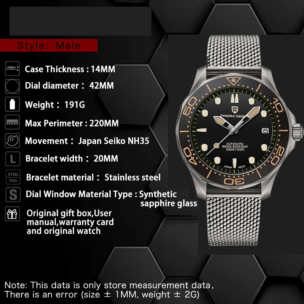 PAGANI DESIGN 2021 New Mesh belt 007 men automatic watches Japan NH35 men mechanical wristwatch curved sapphire glass Top Brand 5