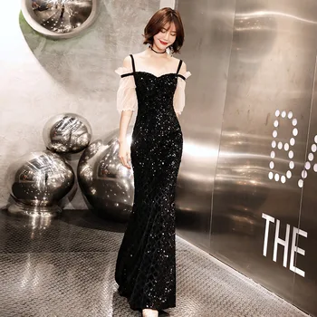 

Black Exquisite Bling Evening Party Dress Women Half Sleeve Cheongsam Full Length Qipao Elegant Lady Prom Dress Maxi Dress