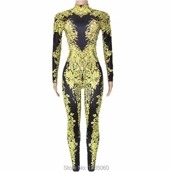 

Women Sexy Gold Rhinestones Jumpsuit Performance Outfit Female Singer Leggings Nude Black Big Crystals Costume Dance Bodysuit