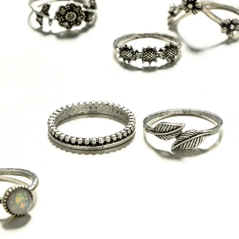 Vintage Silver Moon Star Flower Leaves Crystals Ring Band Midi Finger Ring Set 14PCS ring set finger ring silver ring jewelry accessories