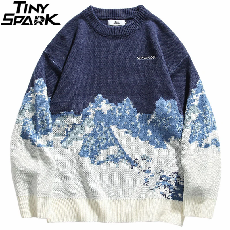 Pullover Sweater Streetwear Harajuku Black Vintage Embroidery Retro Casual Men Cotton
