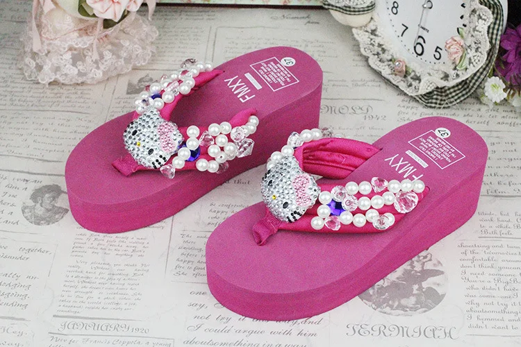 Leisure Shoes Online Lady Sewing Pearl Womens Beach Slippers Fashion High Heel Platform Wedge Flip Flops60