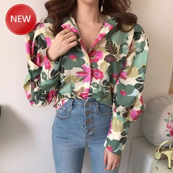 

Korea style vintage new Spring Summer Autumn Hot selling women's fashion casual ladies print Shirts Women Clothes
