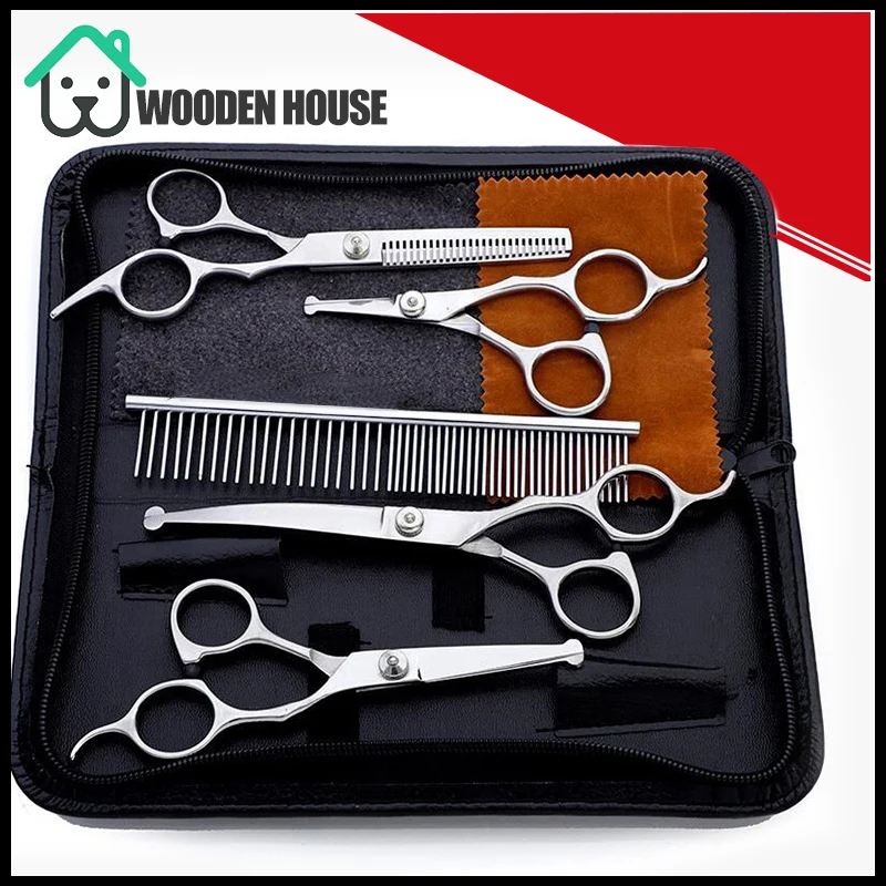 Conjunto de tijeras para cuidado de mascotas, profesional, cabeza redonda recta, curvada, para cortar perros y gatos, Kit de tijeras de pelo, 7 Uds.