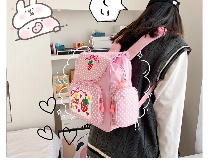 2021 New Arrival! Cute embroidery fruit strawberry lace backpack