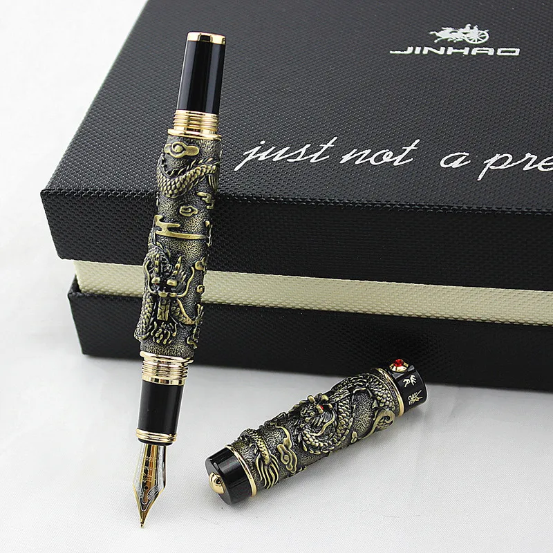 Jinhao, металлическая серая авторучка с двойным драконом, перьевая ручка иридиевая, средний перьевой наконечник, передовое ремесло, ручка для письма, подарочная ручка для бизнес-офиса выпускника