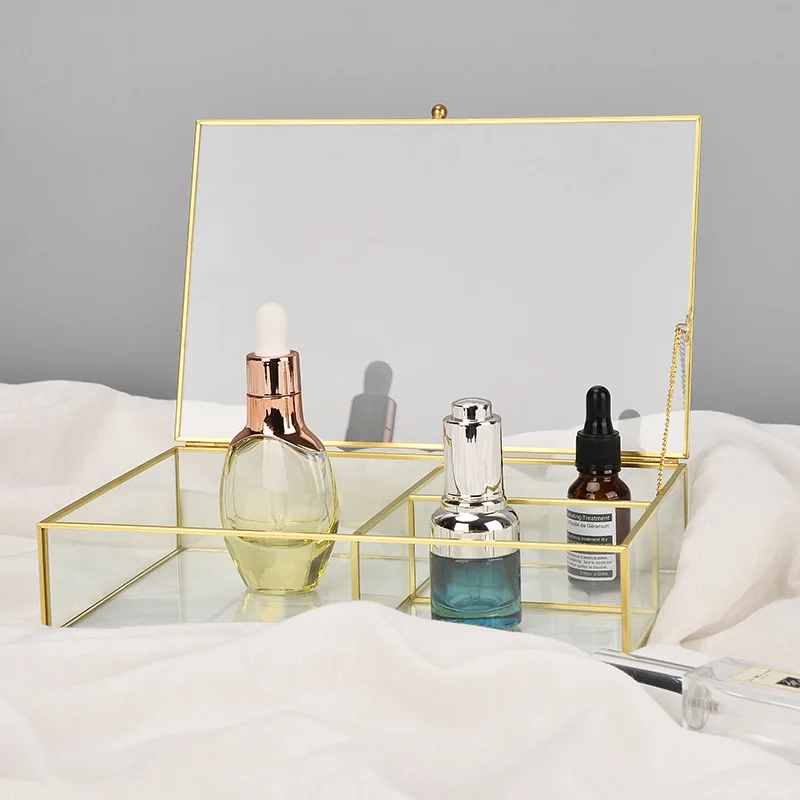 Cosmetic Storage Box Transparent Glass with Lid Jewelry Box Dressing Table Lipstick Compartment Clamshell Storage Tray afbeelding