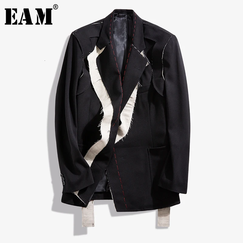

[EAM] Women Black Contrast Color Burr Split Blazer New Lapel Long Sleeve Loose Fit Jacket Fashion Spring Autumn 2020 1N048