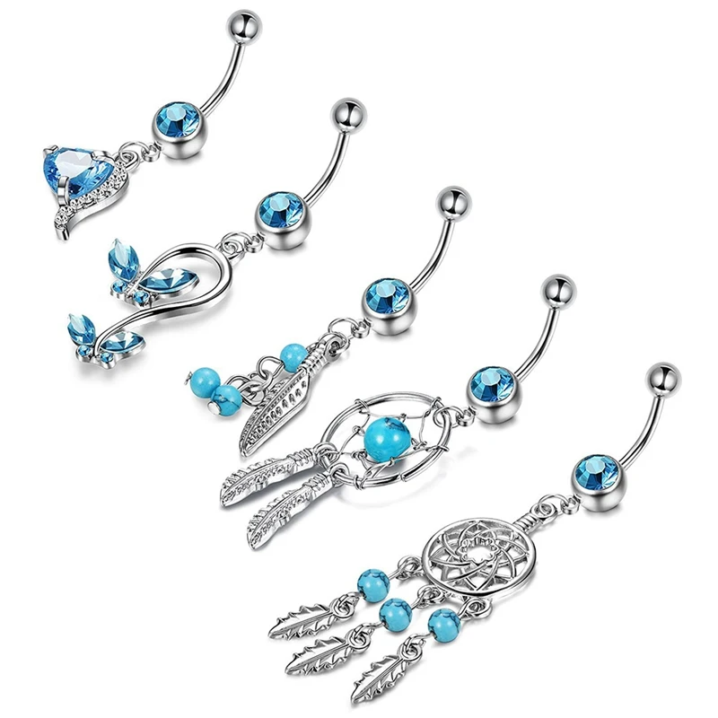 Crystal Navel Nail High Quality Mixed Style Tassel Ring Set 5 Pcs Combination Piercing For Women Gift Body Jewelry Accessories