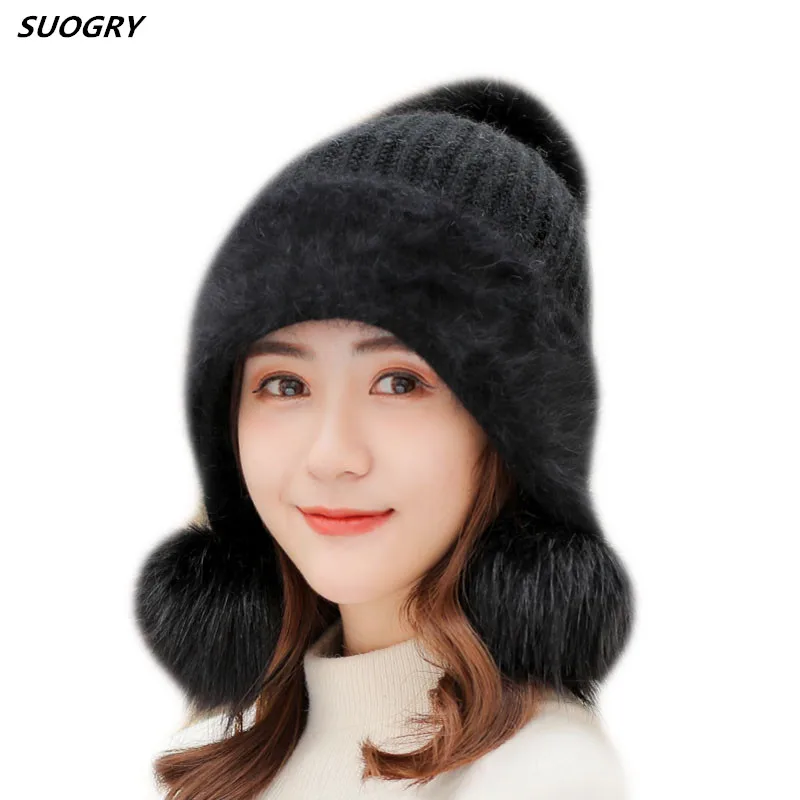 Winter Brand New Women's Hat Rabbit Hair Knitted Cute Hats Three Pompons Caps For Girl Hot Skullies Female Beanie cap 2019 | Аксессуары
