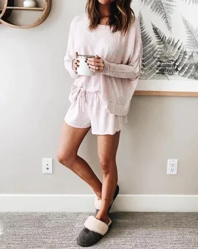 

Long-Sleeved O-Neck Pajamas + Shorts Suit Female 2020 New Style Loose Gradient Tie-Dye Printed Women's Leisure Tops 2-Piece Set