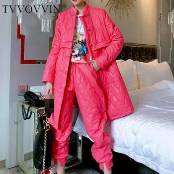 

TVVOVVIN Set Women Coat Pants Women Sets Vintage Long Winter Parker Coat Casual Pants Capris Plus Size Winter Two Piece Sets 1PX